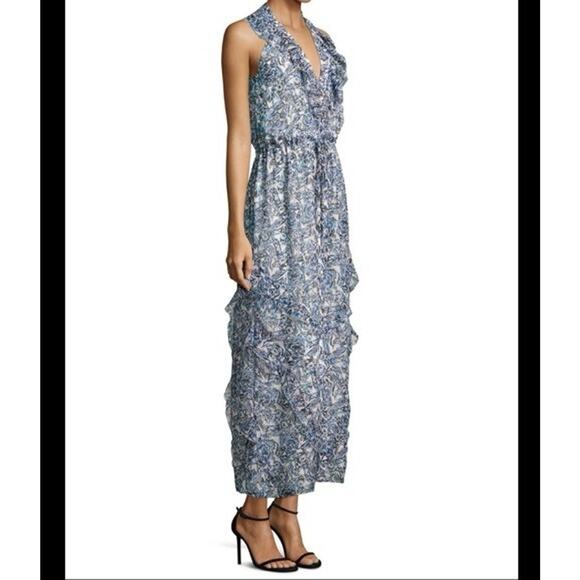 Saloni Lizzie Silk Maxi Dress Blue Ruffle Floral Sleeveless V Neck Tie Waist XS - Picture 3 of 14